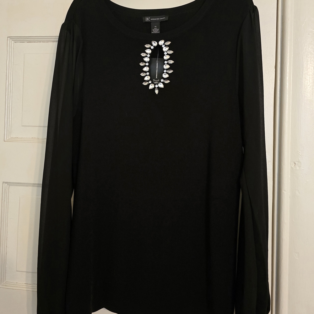 INC International Concepts Black Chiffon Long Sleeve Top w/ Jewel Accent